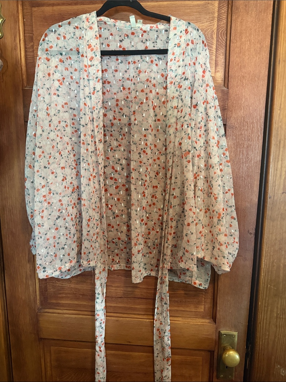 Anthropologie Pilot Floral Sheer Kimono Wrap - Cream with Coral & Sage